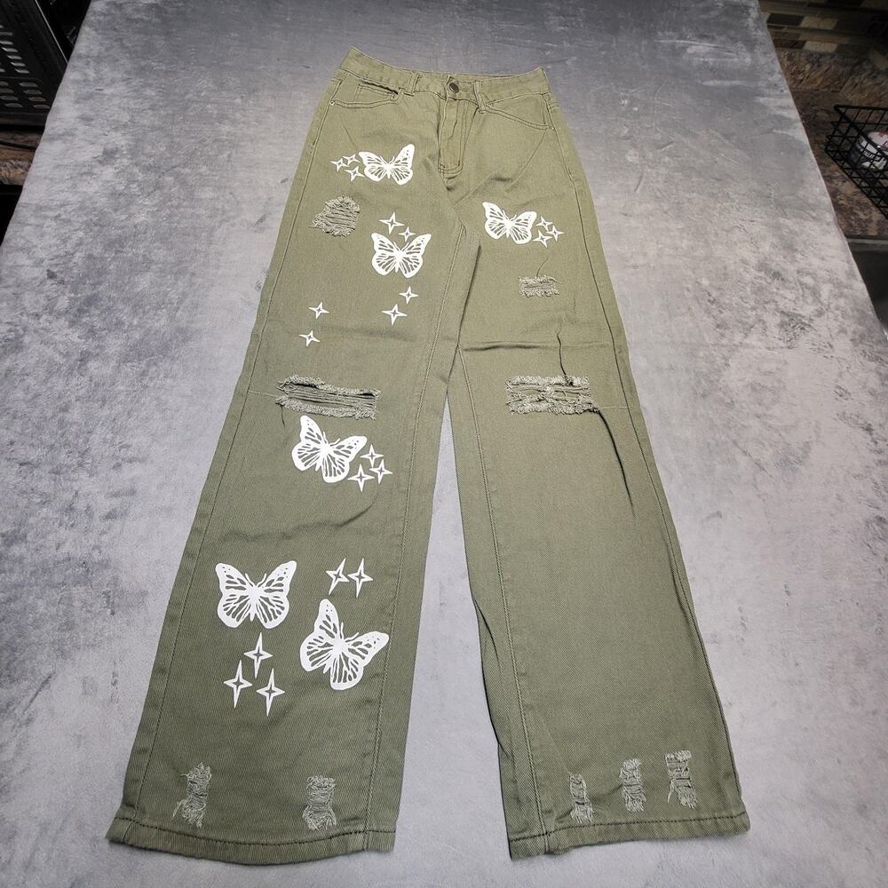 SheIn Pants Womens 2 XS Green Wide-Leg Twill Butterfly Print Distressed